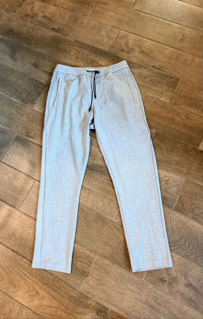 Zara Light Grey Linen Blend Drawstring Jogger Lounge Pants Size M Casual